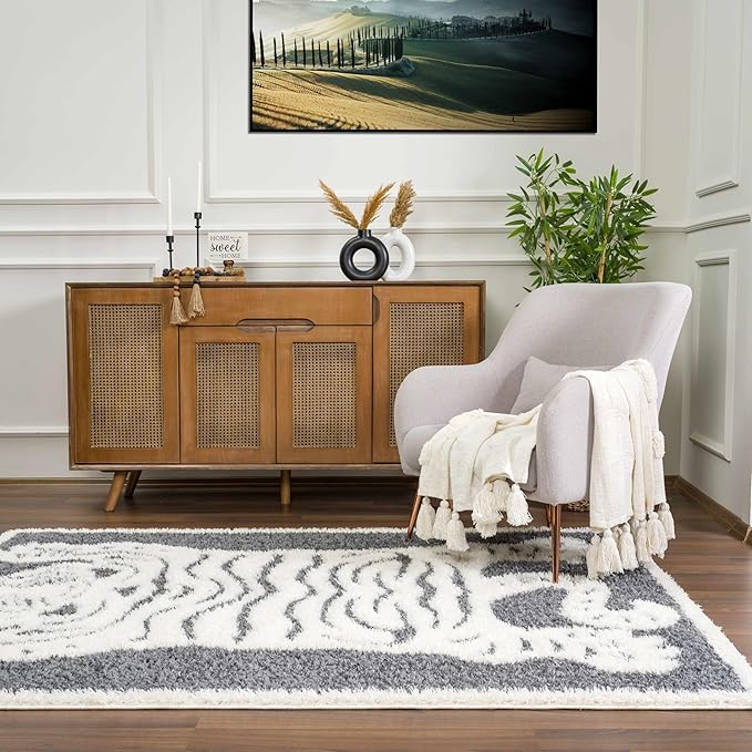 Hauteloom Tilos Moroccan Farmhouse Living Room Bedroom Nursery Shag Area Rug - Shaggy Carpet - Tiger Pattern - High Plush Pile - Dark Grey, Charcoal, Beige, Cream - 7'10" x 10'