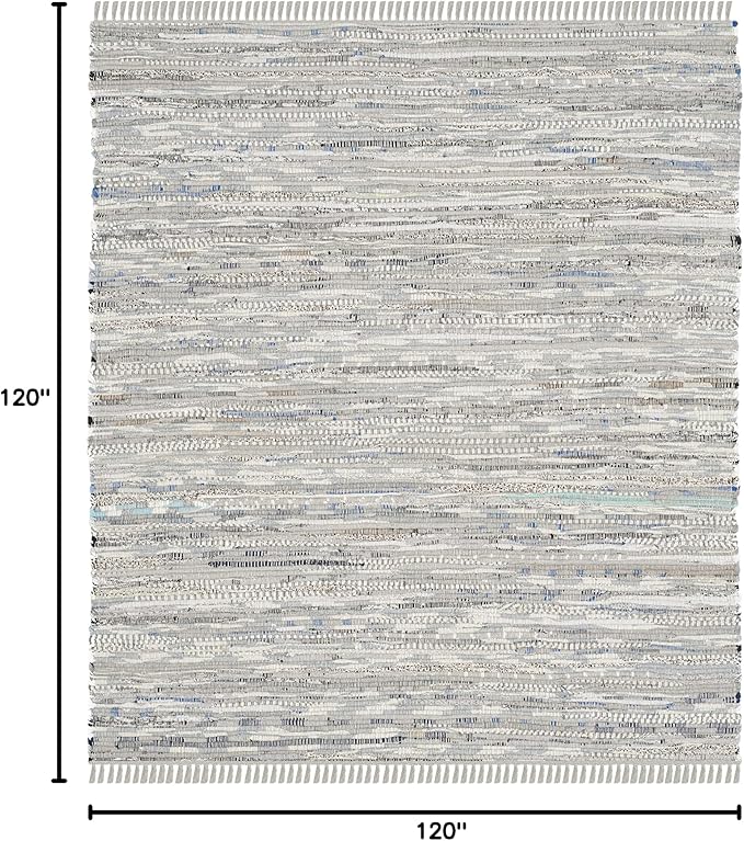 SAFAVIEH Rag Rug Collection Area Rug - 10' Square, Grey, Handmade Boho Stripe Cotton, Ideal for High Traffic Areas in Living Room, Bedroom (RAR121A)
