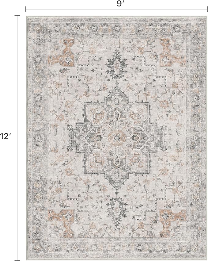 9x12 Area Rugs for Living Room, Non Slip Machine Washable Vintage Rugs, Low Pile Lightweight Print Large Rug for Bedroom, Dining Room, Home Office, Light Taupe Brown