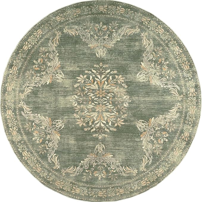 jinchan Round Rug 8ft Area Rugs,Vintage Floral Distressed Design Machine Washable Soft Non-Slip Low-Pile Ultra-Thin Circle Rug for Living Room Dining Room Bedroom Home Office (8' Round,Dark Green)