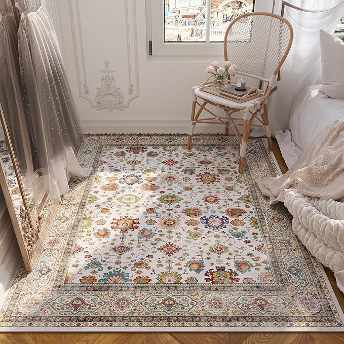 Rugcomf Bedroom Rug 3x5 Rug Washable Area Rug Non Slip Low Pile Boho Small Carpet for Bedroom, Bedside, Kitchen, Entryway, Kids Room, Office, College Dorm Essentials for Girls (Colorful)