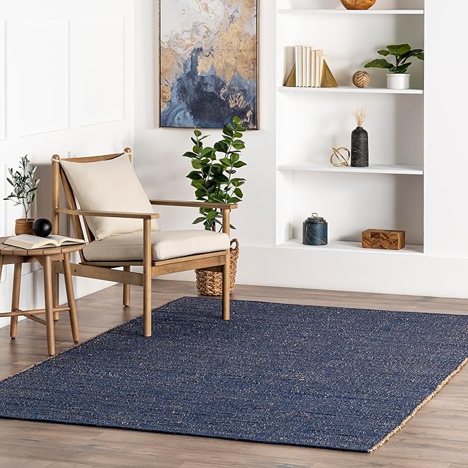 nuLOOM 10x14 Elfriede Jute & Cotton Hand Woven Area Rug, Blue, Solid Rustic Farmhouse Style, Weaved Design, Natural Fiber, For Bedroom, Living Room, Dining Room, Hallway, Office, Entryway