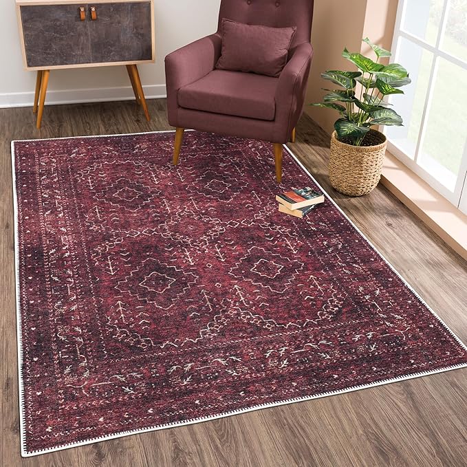 Bloom Rugs Washable Non-Slip 3' x 5' Rug - Dark Red Traditional Bordered Area Rug for Living Room, Bedroom, Dining Room, and Kitchen - Exact Size: 3' x 5'