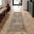 Bavni 2x5 Runner Rug Non Slip, Machine Washable Rug Runners for Hallways, Vintage Distressed Print Kitchen Runner, Low Pile Lightweight Carpet Runner for Entryway Laundry Bedroom Bathroom Blue/Tan/Red