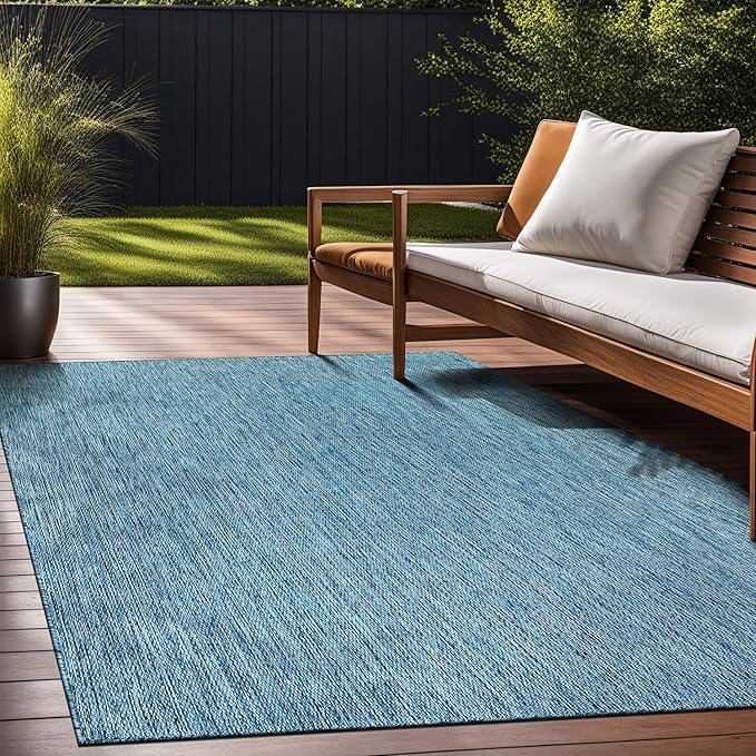 Beverly Rug Indoor Outdoor Rug 8x10, Washable Outside Carpet for Patio, Deck, Porch, Solid Modern Area Rug, Water Resistant, Aqua Blue