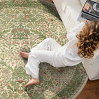 6ft Round Area Rugs for Living Room, Washable Floral Circle Rug Non Slip Low Pile, Vintage Boho Botanical Birds Throw Carpet for Farmhouse, Bedroom, Dining Room, Retro Pink/Green
