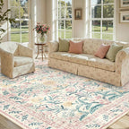 Lahome Large Rugs for Living Room, Boho Machine Washable 8x10 Area Rugs Girls Bedroom Decor, Ultra-Thin Soft Distressed Floral Carpets Non Slip for Office Dining Room, Pink/Multi