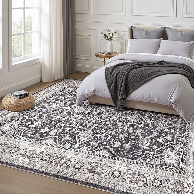 Black Rug Living Room Rugs: 12x15 Washable Boho Large Vintage Moody Soft Distressed Oriental Stain Resistant Non-Slip Indoor Floor Carpet for Bedroom Playroom Office Dining Room Retro Home House