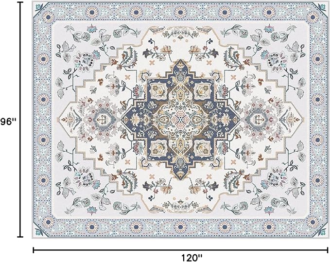 Phantoscope Washable Area Rug 8'x10' Non-Slip, Vintage Boho Rugs for Living Room, Bedroom, Dining Room, Persian Floral Medallion Pattern, Low-Pile Foldable Floor Carpet, Ivory Blue/Garden Bloom
