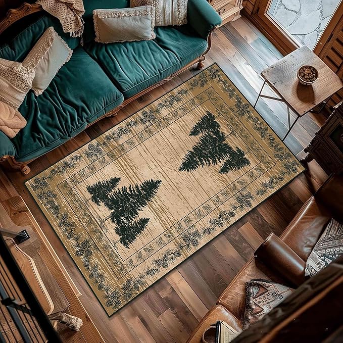 UNREASTO Country Cabin Area Rug 5x8ft Rustic Nature Forest Pine Cone Pine Tree Plant Vintage Home Decor Floor Rug Non-Slip Easy Clean Lodge Rug for Living Room Bedroom Entry Office Hardwood Floor