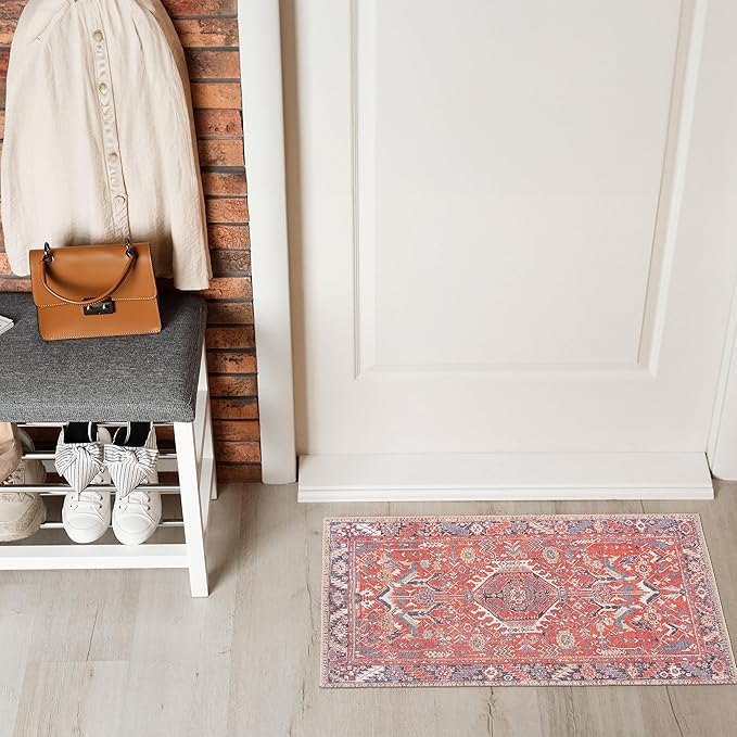 GLN Rugs Traditional Collection - Machine Washable Area Rug, Traditional Washable, Non Slip, Low Pile Chenille Rug, Living Room, Bedroom, Kitchen Rug (2' x 3' Multi Red)