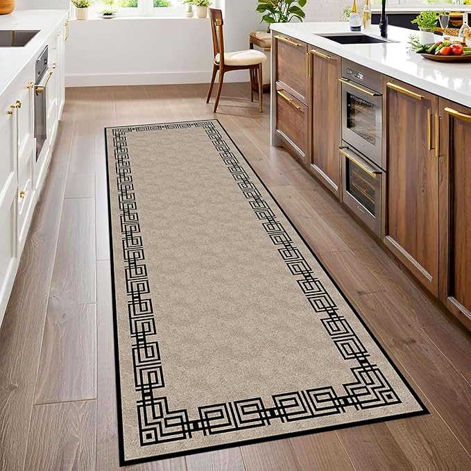 Vintage Tribal Hallway Rugs, 4x10ft, Southwest Brown Rustic Native Ethnic Greek Key Pattern Carpet Runners, Ultra-Thin Foldable Low Pile Distressed Rug for Dining Room Lounge