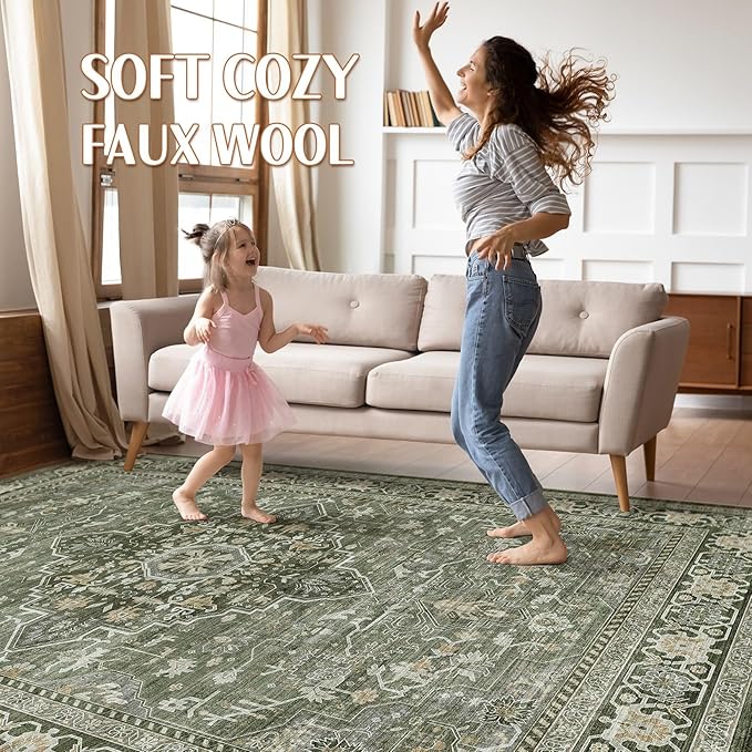 9x12 Area Rug Living Room: Washable Boho Large Neutral Vintage Soft Rugs Stain Resistant Farmhouse Non Slip Indoor Floor Carpet for Bedroom Nursery Kids Playroom Office Dining Room Home- Dark Green