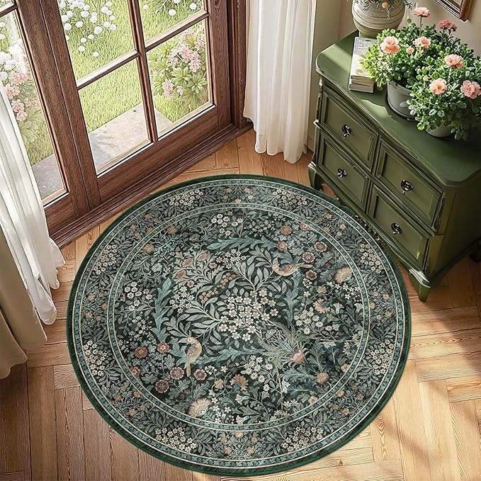 4ft Round Area Rugs for Living Room, Washable Floral Circle Rug Non Slip Low Pile, Vintage Boho Botanical Birds Throw Carpet for Farmhouse, Bedroom, Dining Room, Retro Green/Blue
