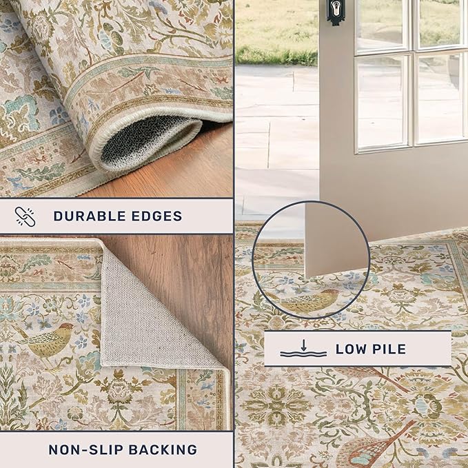 Washable Area Rugs 5x8 for Bedroom - Western Nature Rugs for Living Room, Dinning Room,Playroom, Guest Room with Boho Beige Neutral Botanical & Bird Pattern, Non Slip Stain Resistant Low Pile