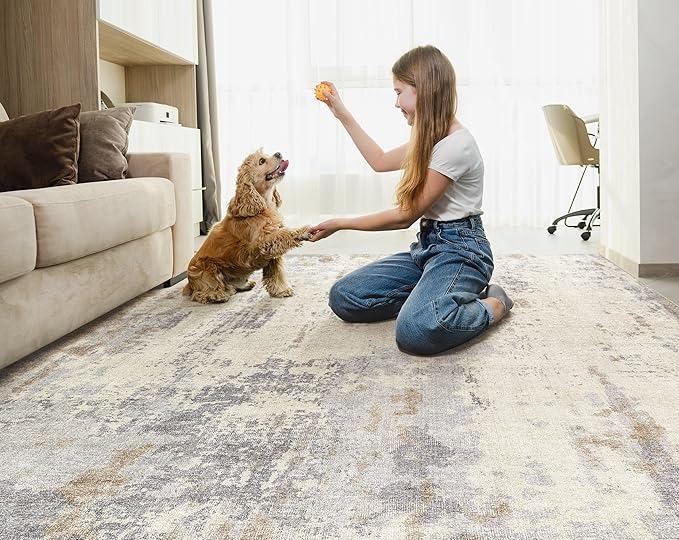 6x9 Area Rug Living Room Rugs - Washable Neutral Modern Abstract Soft Thin Rug Indoor Floor No Slip Rug Carpet for Bedroom Under Dining Table Home Office Decor - Light Brown/Gray