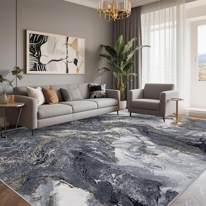 Abstract 10x14 Area Rugs: Modern Washable Rug for Living Room Bedroom Dining Room Indoor - Thin Low Pile Non-Slip Large Carpet - Black Gold
