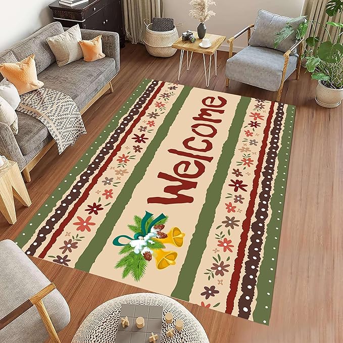 Vintage Christmas Area Rugs 3x4ft Merry Christmas Snowflakes Floral Winter Holiday Decorative Floor Mats Xmas Decorative Rugs for Living Room Bedroom Doormats Welcome Mats Non-Slip and Durable