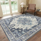 GENIMO 5x7 Area Rugs for Living Room, Machine Washable Vintage Non Slip Rugs, Low Pile Lightweight Chenille Print Rug for Bedroom, Dining Room, Home Office, Center Blue