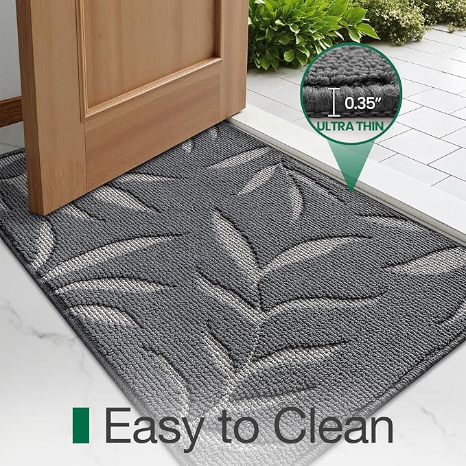 LUMI Indoor Door Mat 32x48, Washable Front Doormat with Welcome Leaf Pattern, Non-Slip Rubber Back Absorbent Mats for Entrance, Patio, Garage, Dark Grey