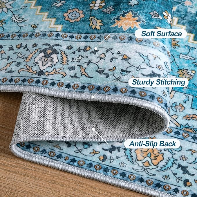Tangsoo Blue 2x6 Washable Runner Rug for Hallways, Non Slip Vintage Runner Rug, Soft Boho Low Pile Long Rug Runner, Carpet Runners for Kitchen Bedroom Entryway Bathroom Living Room