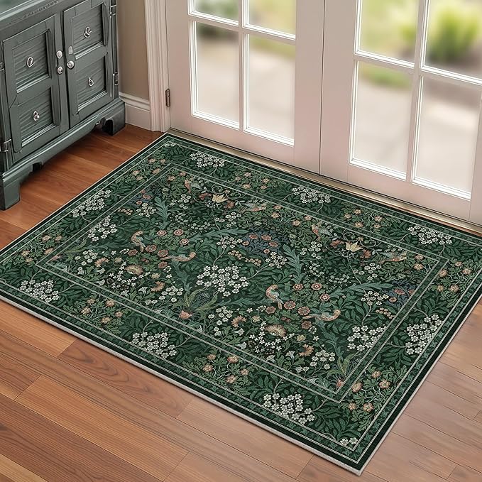 2x3 Floral Washable Area Rugs for Living Room, Vintage Boho Rug for Bedroom Dining Room， Distressed Botanical Birds Non Slip Low Pile Forest Animal Throw Carpet for Farmhouse Office, Bright Green