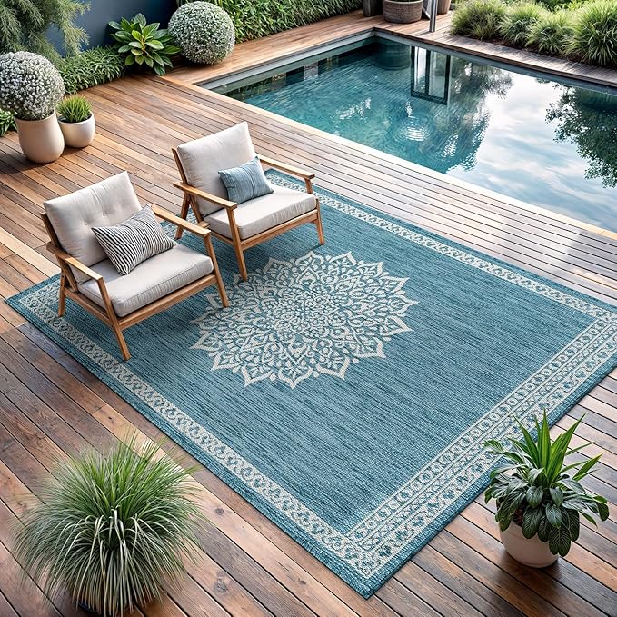 CAMILSON Outdoor Rug 6x9 Medallion Aqua Modern Area Rugs for Indoor and Outdoor Patios Kitchen and Hallway Mats Washable Porch Deck Outside Carpet (Medallion Aqua 6 x 9)