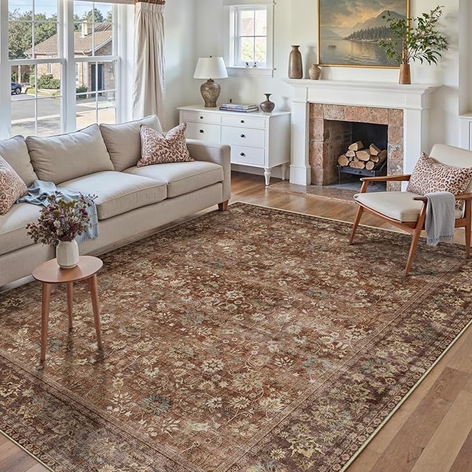 HUGEAR 9x12 Machine Washable Rugs Brick Red Hallway Large Area Rug Indoor Accent Rug Floral Low Pile Carpet Soft Throw Aesthetic Rug Bedroom Living Room Office Dining Room Kitchen Laundry Room
