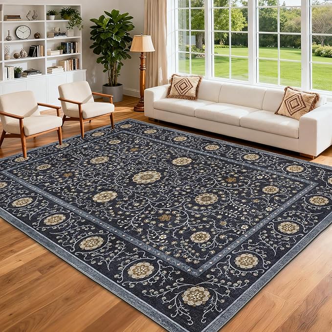 GarveeHome Boho 6x9 Area Rug for Living Room, Floral Vintage Rugs for Bedroom with Soft Low Pile, Non Slip Stain Resistant Botanical Washable Rug 6x9 for Dining Room Blue Carpet for Dorm Office