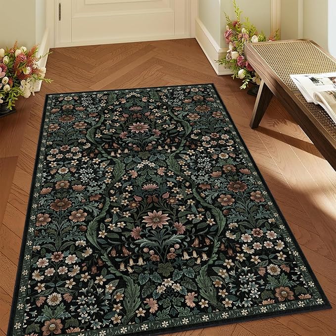 4x6 Black Floral Boho Area Rug,Low-Pile Stain Resistant Non-Slip Machine Washable Carpet for Living Room,Bedroom, Kitchen,Entryway,Dining Room, Nursery