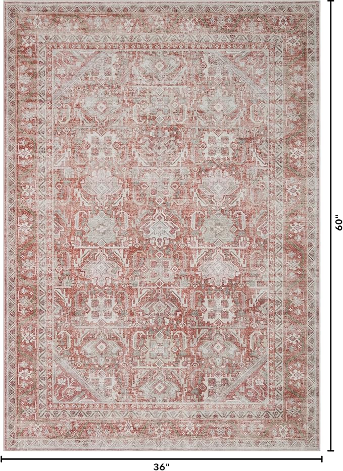Kuden 3x5 Small Rug, Machine Washable, Non-Slip Backing, Vintage Style, Soft, Low Pile, Area Rugs for Entryway Kitchen Indoor Entrance