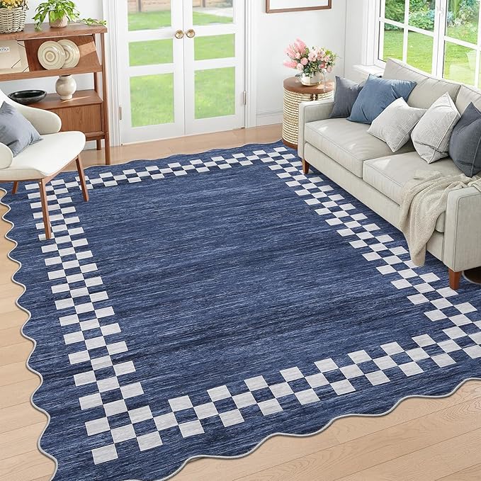 GarveeHome Washable Rug 5x7 for Living Room Large Bedroom Scalloped Rug Non Slip Stain Resistant Modern Border Throw Carpet Soft Boho Rug for Dining Room Nursery Home Office, Blue