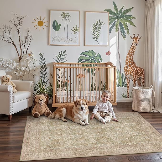 Bavni 4x6 Vintage Floral Rug, Washable Non Slip Area Rug for Entryway, Bedroom, Kitchen or Living Room, Low Pile Carpet, Brown Pink