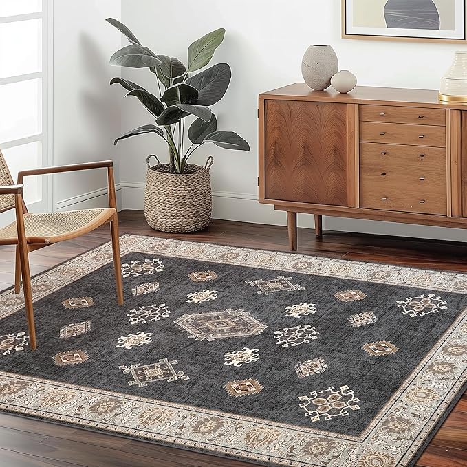 ILANGO Washable Area Rugs 5x7 for Living Room Vintage Area Rugs Non Slip Boho Dining Room Rugs for Under Table Ultra-Thin Low-plie Floor Carpet for Bedroom Farmhouse
