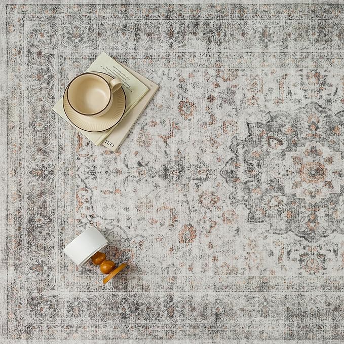 8x10 Washable Vintage Area Rug for Living Room Bedroom Soft Tranditional Non Slip Large Throw Rug Lightweight Floral Low Pile Distressed Carpet Office Playroom Dining Room