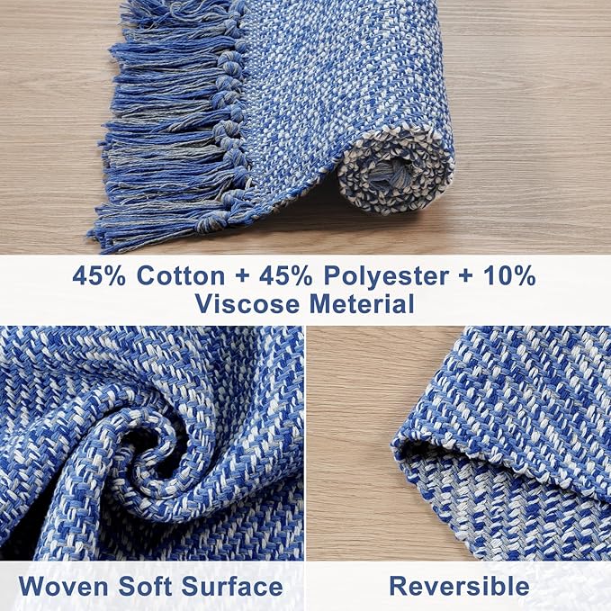 Collive Hallway Runner Rug, 2' x 6' Hand-Woven Reversible Washable Entryway Rug, Blue Cotton Modern Farmhouse Laundry Room Rug Long Carpet for Bathroom Sink Foyer Bedroom