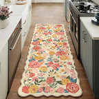 Washable Floral Runner Rug 2x5 Beige Hallway Carpet Scalloped Flower Non Slip Soft Long Kitchen Runner Farmhouse Low Pile Thin Indoor Floor Cover for Bathroom Bedroom Laundry Room Entryway