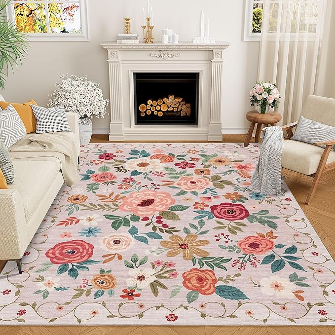 DUKINO 6x9 Area Rug, Floral Rugs for Living Room, Lightweight Non Slip Washable Rug, Indoor Low Pile & Non-Shedding Boho Design Rugs for Bedroom, Living Room, Dining Room, Beige