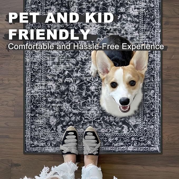 KILOCOCO Washable Runner 2x5 Rug Runner Printed Vintage Floral Kitchen Runners Non-Slip Rubber Backed Runners for Hallways Distressed Thin Soft Rugs for Entryway Laundry Room, Black/Navy/White