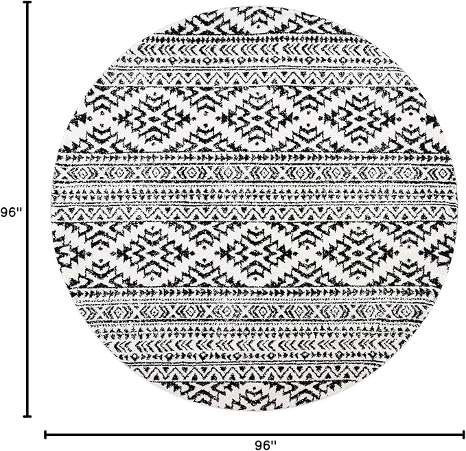 SAFAVIEH Tulum Collection Area Rug - 8' Round, Ivory & Black, Moroccan Boho Tribal Design, Non-Shedding & Easy to Clean, Ideal for Living Room, Bedroom, Dining Space (TUL272B)