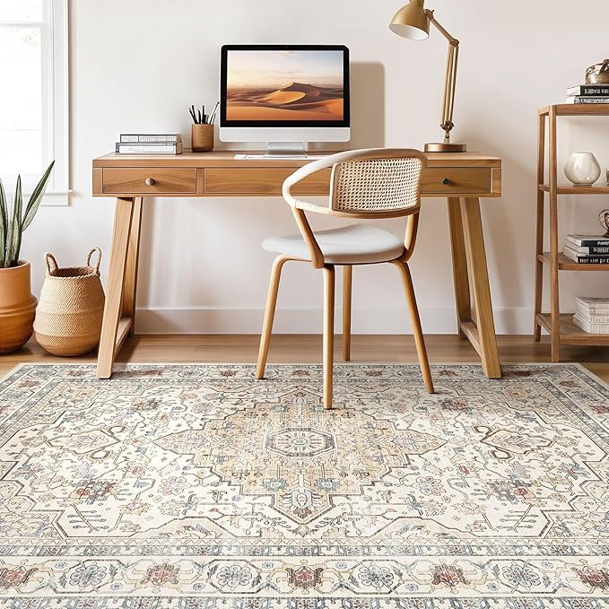 7x9 Area Rug Living Room: Washable Boho Large Neutral Vintage Soft Rugs Stain Resistant Farmhouse Non Slip Indoor Floor Carpet for Bedroom Nursery Kids Playroom Office Dining Room- Cream Blue