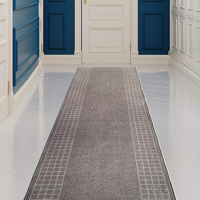 Custom Made Runner Rug for Kitchen Foyer Hallway Entry Choose Your Length 31 Inch Wide Geometric Checkered Design Grey Color (7 feet x 31 Inch)