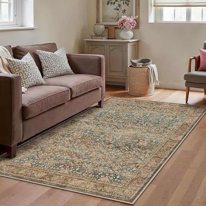 Area Rug 5x7 Living Room Washable Vintage Carpet Non Slip Indoor Retro Traditional Accent Throw Large Rug Brick Red for Office Kitchen Bedroom Dining Room