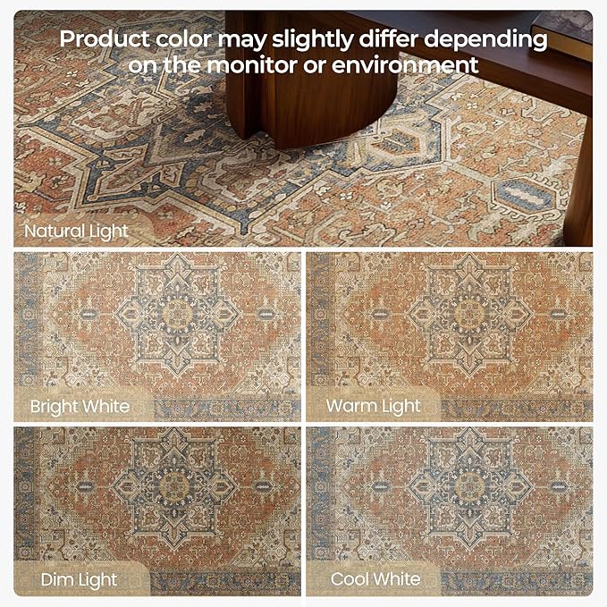 Kokia 5x7 Washable Area Rugs Terracotta with Vintage Orient Design, Soft Rug for Living Room or Bedroom, Non-Slip Low Pile Stain Resistance Features, Distressed Medallion Pattern