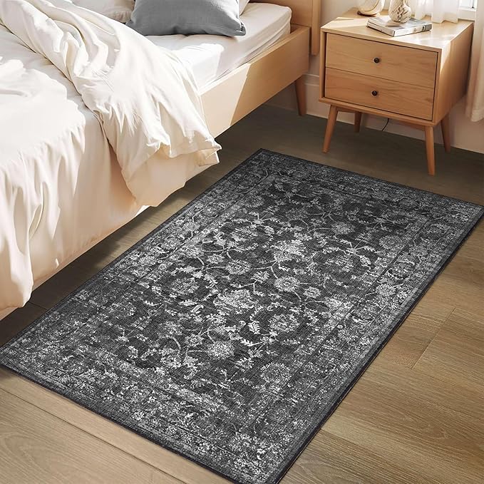 Washable Area Rug 2x3 Black Rugs for Living Room, Vintage Boho Rug for Bedroom Dining Room Office, Distressed Floral Print Carpet for Under Table, Soft Non Slip Low Pile Throw Carpet Indoor Mat
