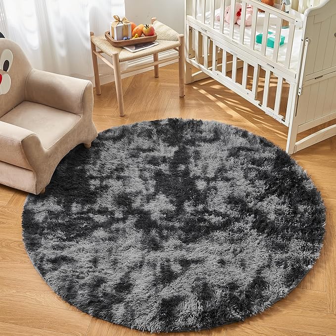 Andency Tie-Dyed Dark Grey Round Area Rug for Living Room, 6x6 Shag Rug for Bedroom, Fluffy Circle Carpet for Home Decor, Room, Fuzzy Plush Circular Rug for Dorm Playroom