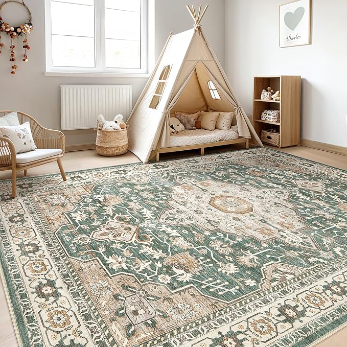 12x15 Area Rug Living Room: Machine Washable Boho Large Vintage Soft Rugs Stain Resistant Farmhouse Oriental Non Slip Indoor Floor Carpet for Bedroom Nursery Kids Playroom Office Dining Room- Green