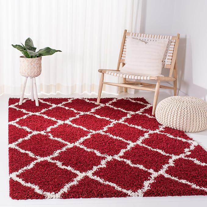 SAFAVIEH Dallas Shag Collection Area Rug - 5'1" x 7'6", Red & Ivory, Trellis Design, Non-Shedding & Easy Care, 1.5-inch Thick Ideal for High Traffic Areas in Living Room, Bedroom (SGD257Q)