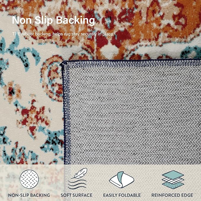 Lahome Washable Round Rugs 5'3"ft, Bohemian Orange Circle Rugs for Living Room, Entryway Round Area Rug, Floral Medallion Soft Non Slip Nursery Carpet for Bedroom Dining Coffee Table