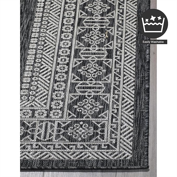 FH Home Flat Woven Outdoor Rug - Waterproof, Easy to Clean, Stain resistant - Premium Polypropylene Yarn - Bordered Moroccan - Patio, Deck,Porch,Balcony,Laundry - Accra - Charcoal - 3ft 11in x 5ft 6in